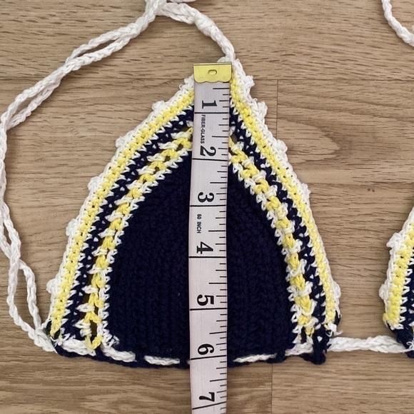 Boho Crochet Bikini Set Navy Blue Yellow Trim Festival Ready Beach Outfit - Picture 10 of 10
